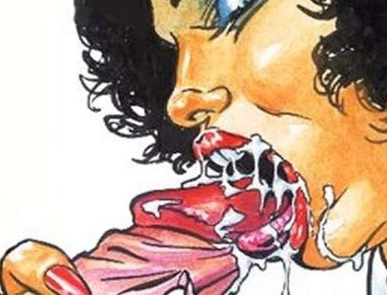 In this cartoon panel a brunette has a penis in her open mouth and sperm on her lips.